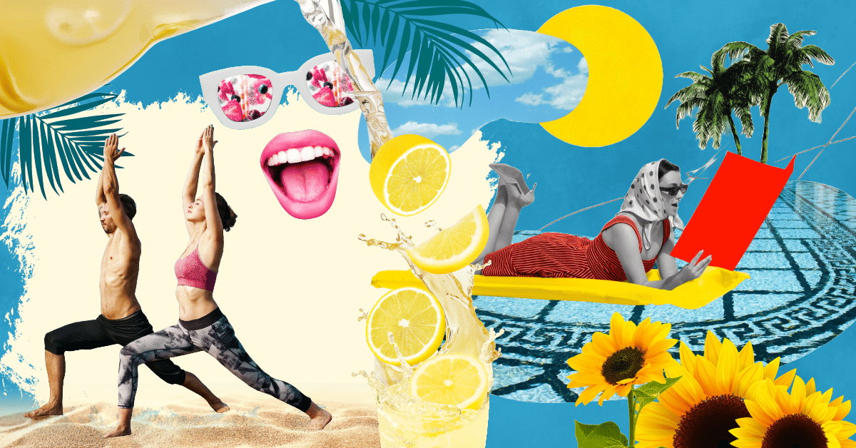 Image shows a collage-style summer scene. Included in scene are people doing yoga poses, sunflowers, palm trees, lemons, as well as consistent blue and yellow colors.
