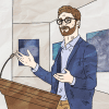 Illustration of a man speaking at a podium at an event.