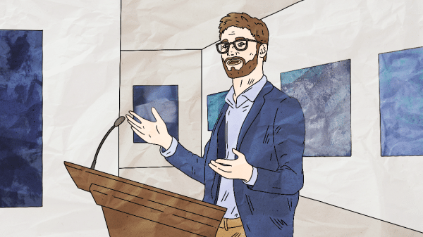 Illustration of a man speaking at a podium at an event.