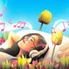 Woman laying in flowers listening to music