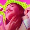 Woman (shaded pink) applies skincare and makeup products to her neck while hands holding other products are positioned behind her