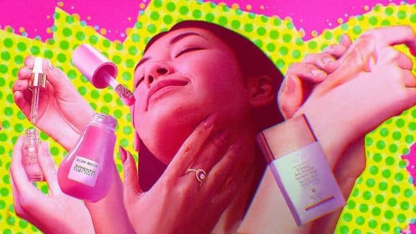 Woman (shaded pink) applies skincare and makeup products to her neck while hands holding other products are positioned behind her