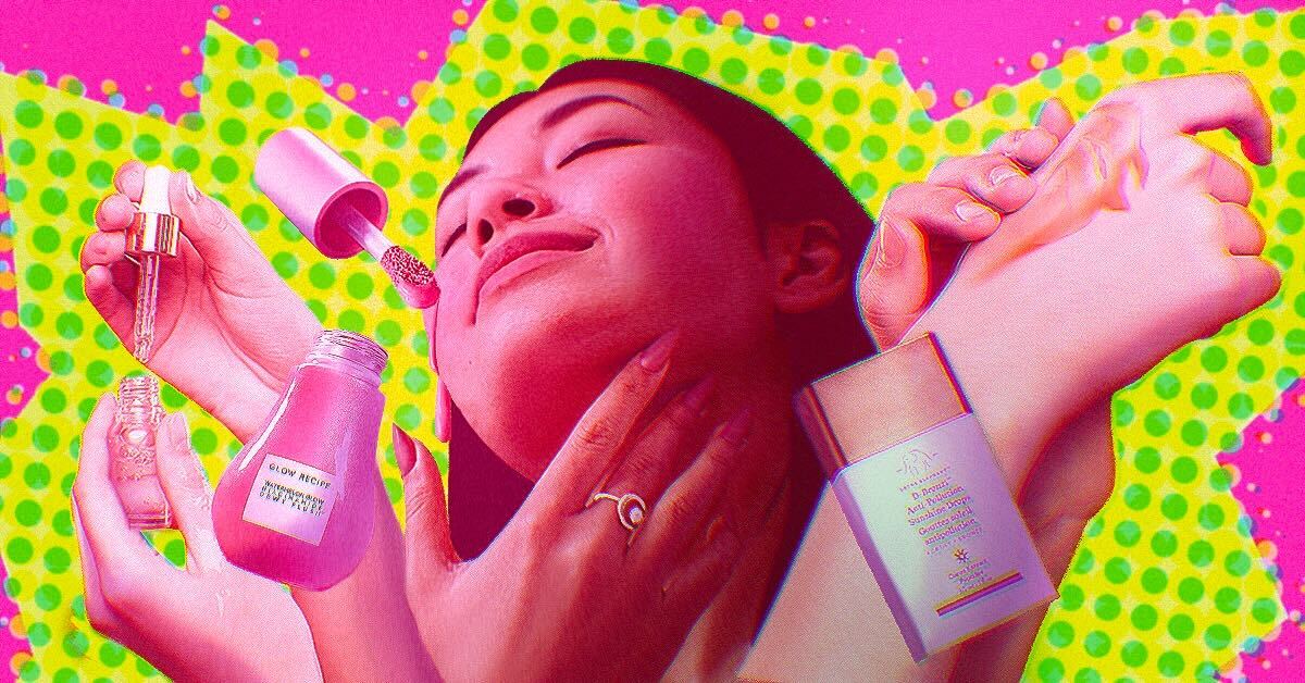 Woman (shaded pink) applies skincare and makeup products to her neck while hands holding other products are positioned behind her