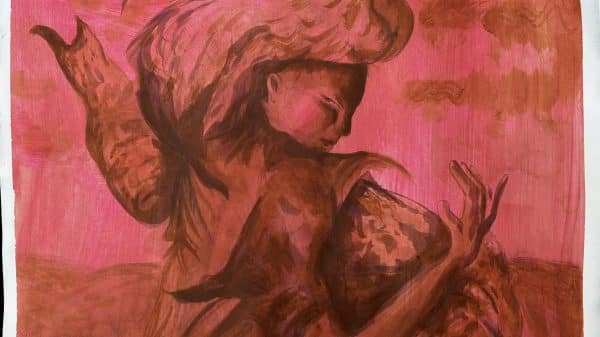 Drawing of a person wrapped in fauna with an expression of pure unadulterated rage staring directly at the viewer.