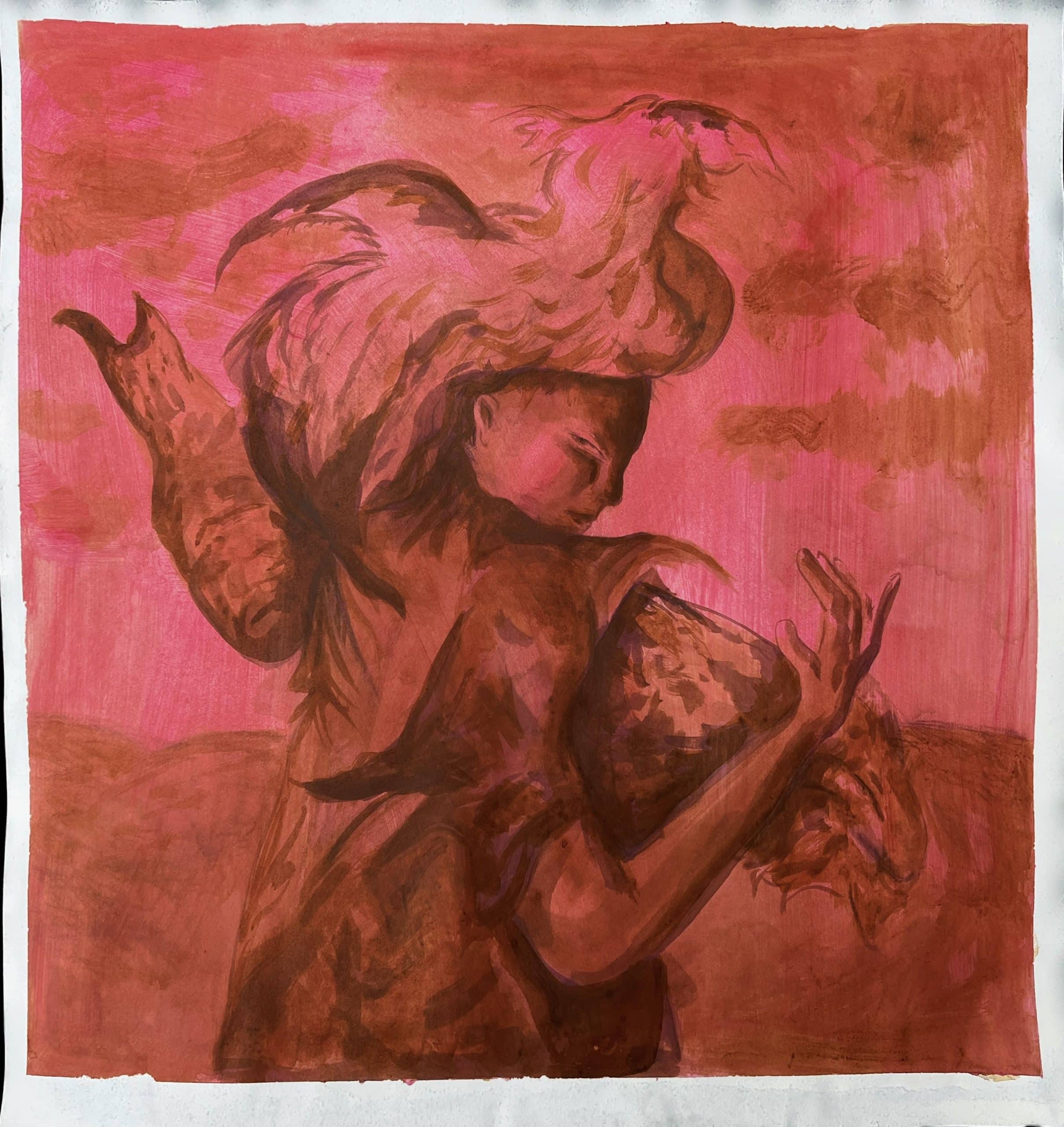 Drawing of a person wrapped in fauna with an expression of pure unadulterated rage staring directly at the viewer.