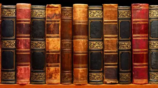 Classic leather bound Books on a book shelf