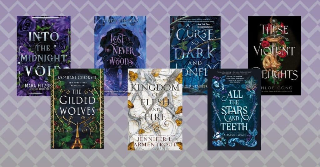 Books (top to bottom, left to right): Into the Midnight Void, Lost in the Never Woods, A Curse so Dark and Lonely, These Violent Delights, The Gilded Wolves, Kingdom of Flesh and Fire, All the Stars and Teeth. (Credit: Penguin House/Barnes and Noble/Alexa-Skye)
