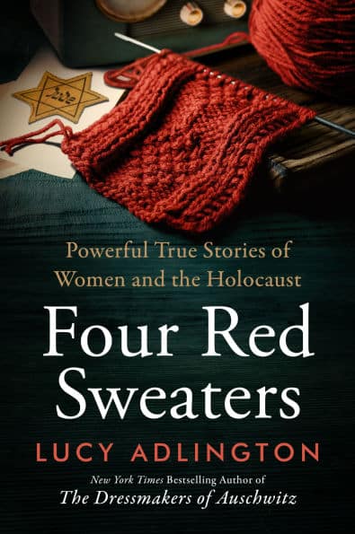 The book cover features a small section of a red knit sweater. A yellow star of David lays next to it.