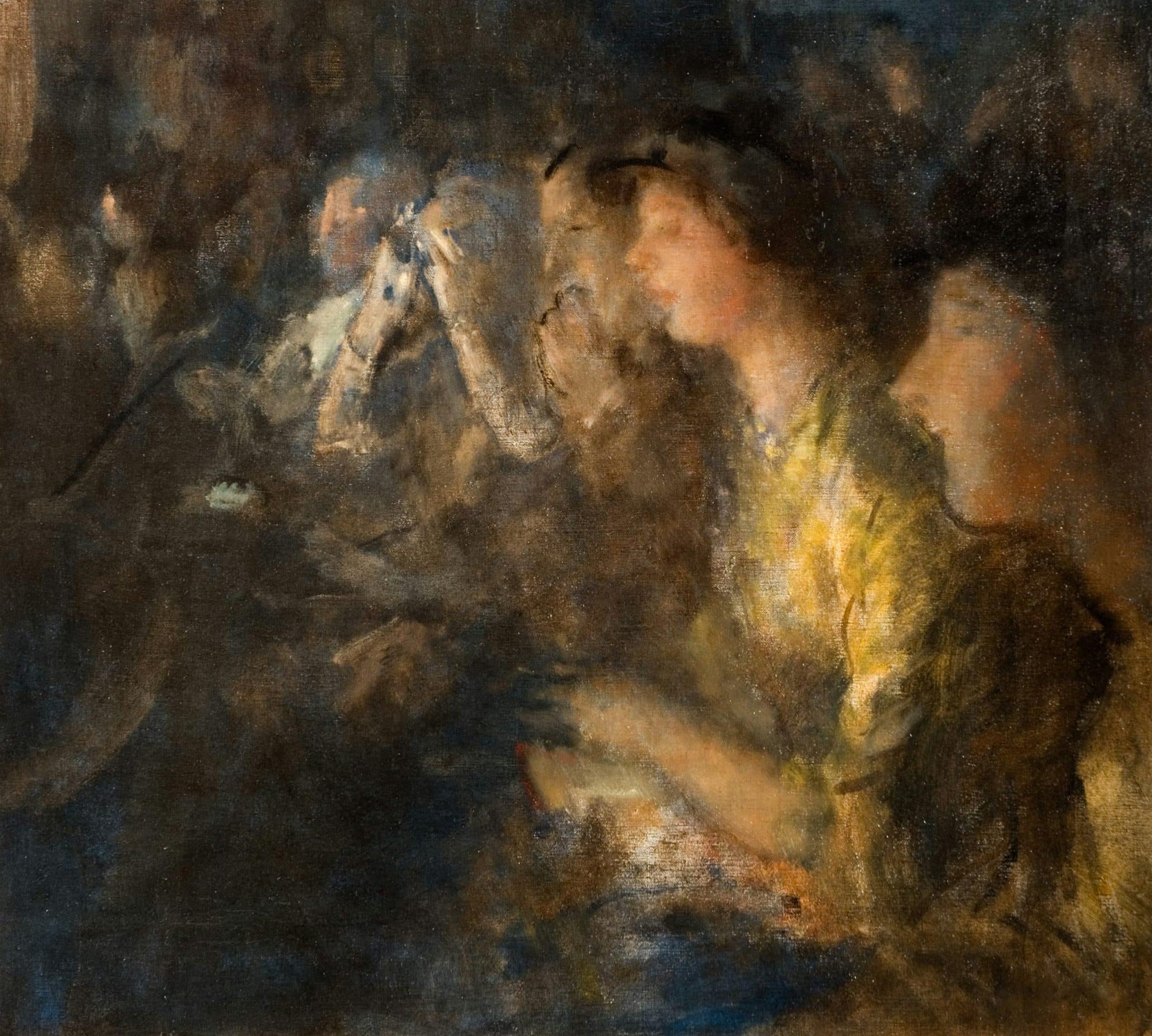 A dimly lit, impressionistic painting of a young woman in profile surrounded by blurred figures in shadow.
