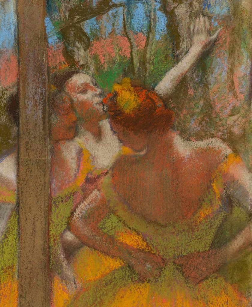 A pastel painting of two girls in ballet costumes, one reflected in a mirror; suggests performance and fractured girlhood.