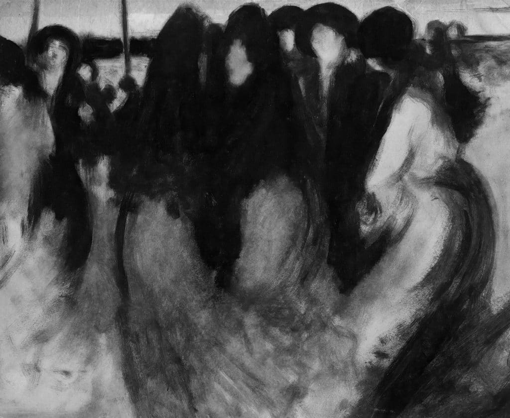 A black-and-white painting of faceless figures in a crowd, evoking collective memory, blurred identity, and the disappearance of the girl.