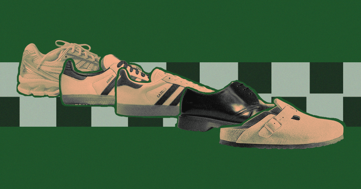 An image with a green and checked background, featuring the five predicted shoes of the summer, including Adidas, Dr. Marten's, and Birkenstocks