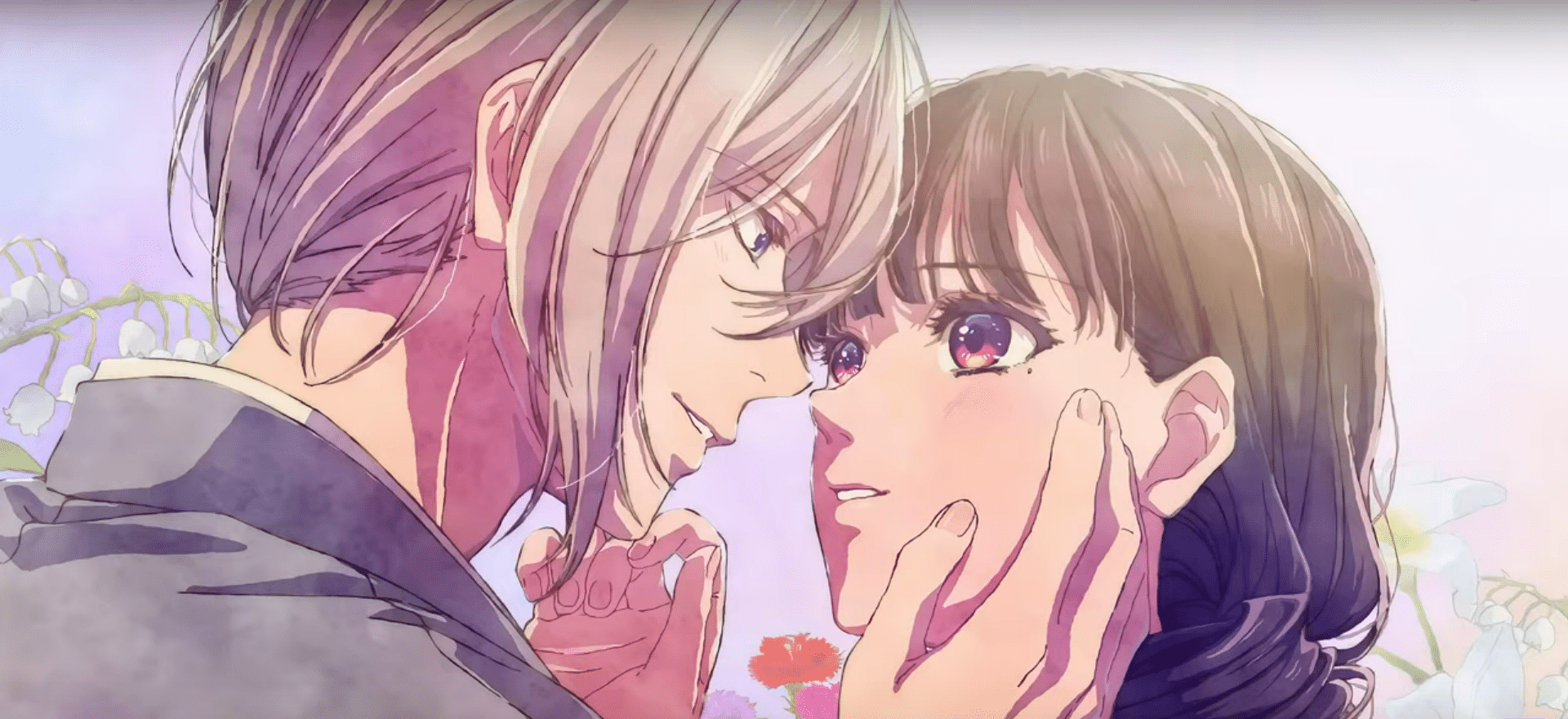 Kiyoka Kudo and Miyo Saimori from 'My Happy Marriage' gaze tenderly into one another's eyes.