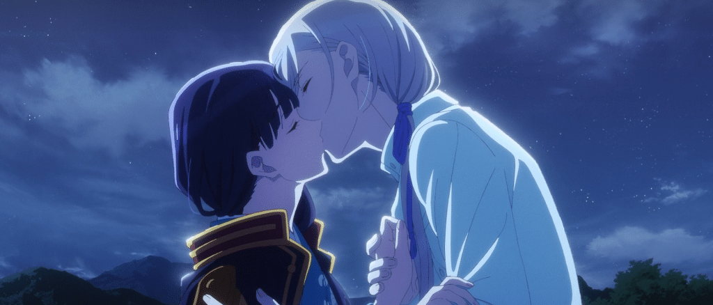 Miyo and Kiyoka share a kiss on a moonlit night