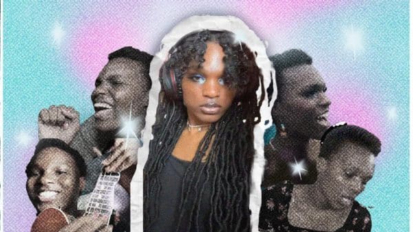 Several images of female black trans musician paloé. The image in the center has braids while the other versions have short hair. Each of the five versions of paloé is displayed in a fan formation on a pink and blue watercolor background.