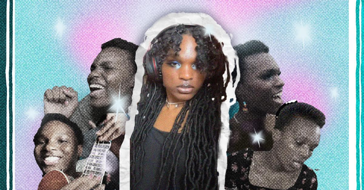 Several images of female black trans musician paloé. The image in the center has braids while the other versions have short hair. Each of the five versions of paloé is displayed in a fan formation on a pink and blue watercolor background.