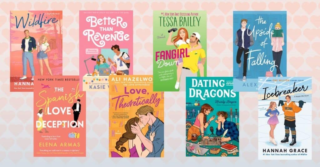 Books (top to bottom, left to right): Wildfire, Better than Revenge, Fangirl Down, The Upside of Falling, The Spanish Love Deception, 'Love, Theoretically', Dating Dragons, Icebreaker. Credit: Penguin House/Barnes and Noble/Alexa-Skye
