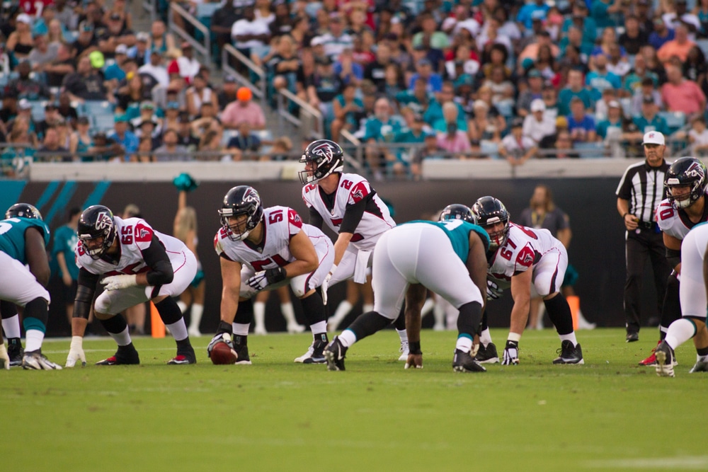 The Atlanta Falcons line up for a play.