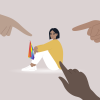 fingers point accusatorially at an LGBTQ+ woman