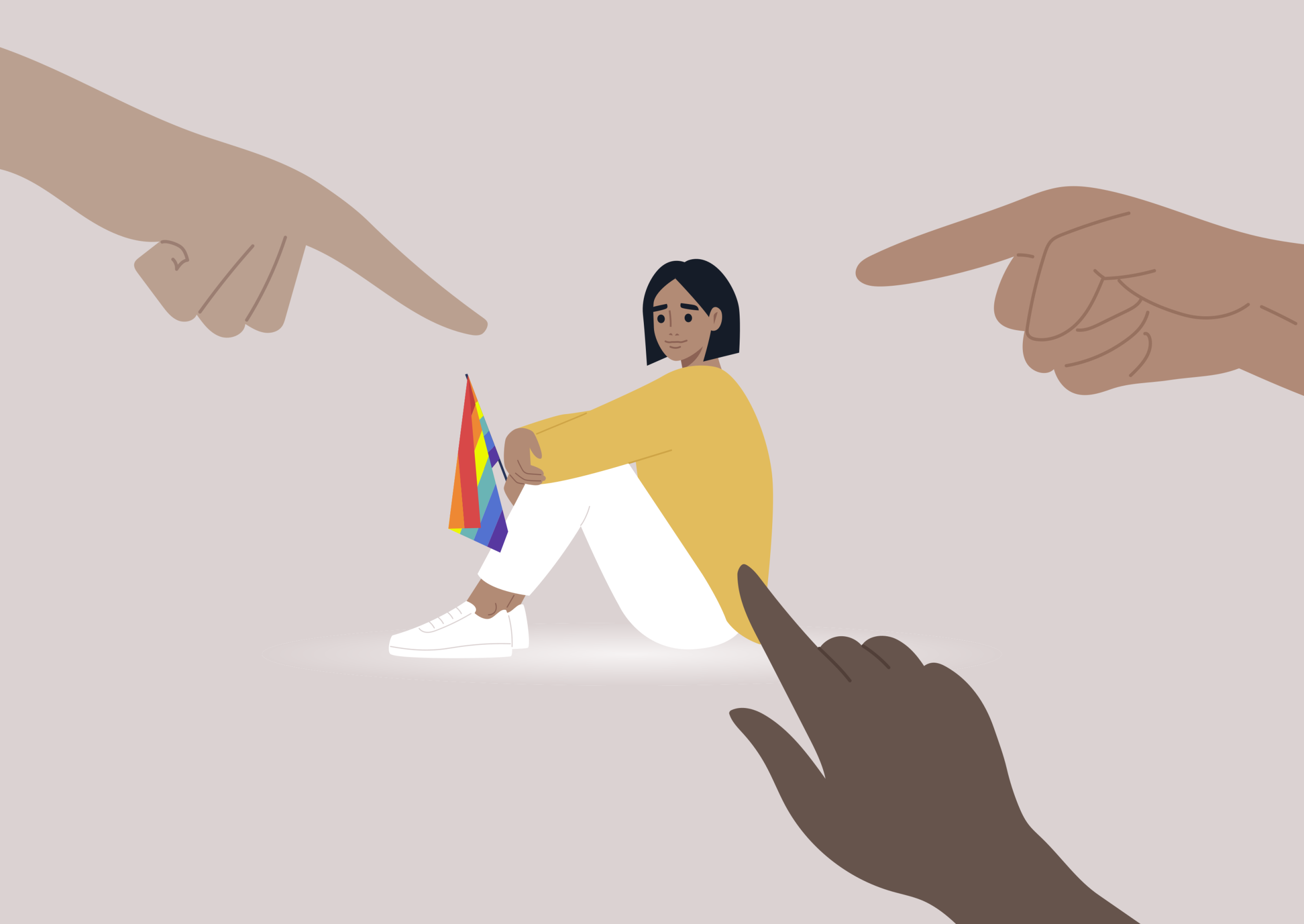 fingers point accusatorially at an LGBTQ+ woman