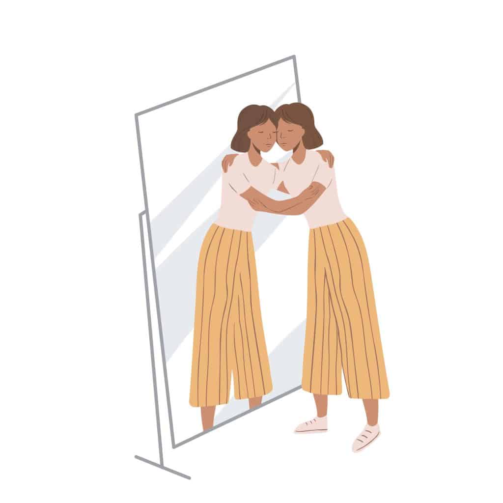 cartoon woman hugging her reflection in the mirror self-love self-acceptance