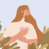 cartoon woman with hand on kind heart, feeling self love, bliss, harmony, positive emotion.