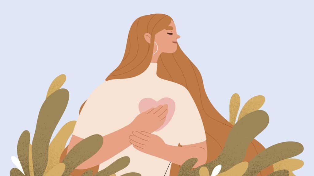 cartoon woman with hand on kind heart, feeling self love, bliss, harmony, positive emotion.