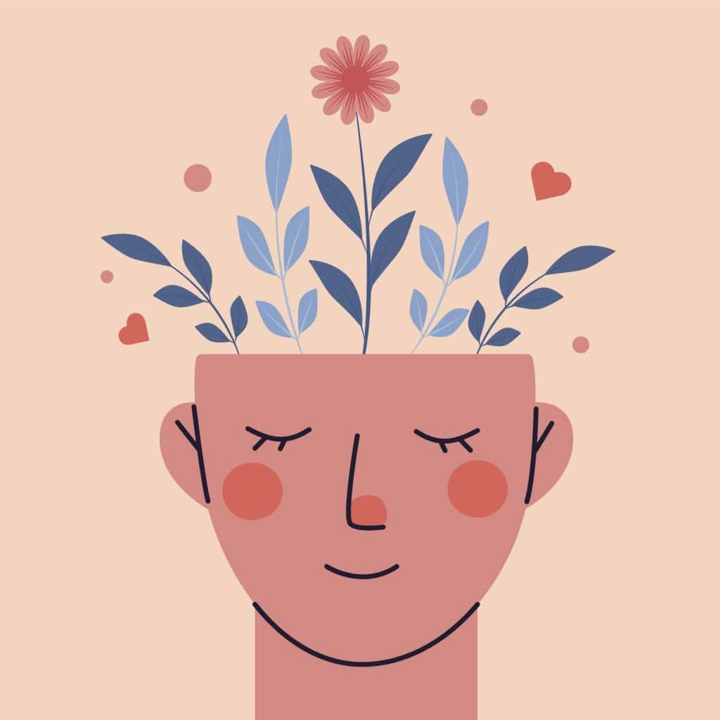 cartoon head with flowers growing out on top, self-love leads to a happy mind