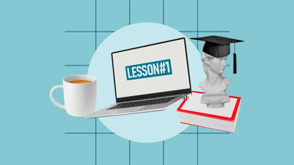 Lesson #1 in life after college: a graphic with a graduation cap and a cup of coffee