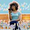 Collage of woman listening to music on a bench.