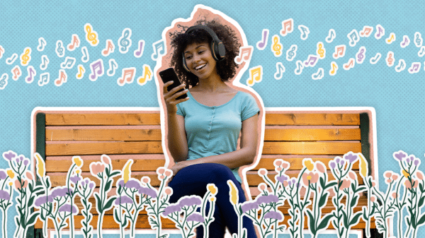 Collage of woman listening to music on a bench.