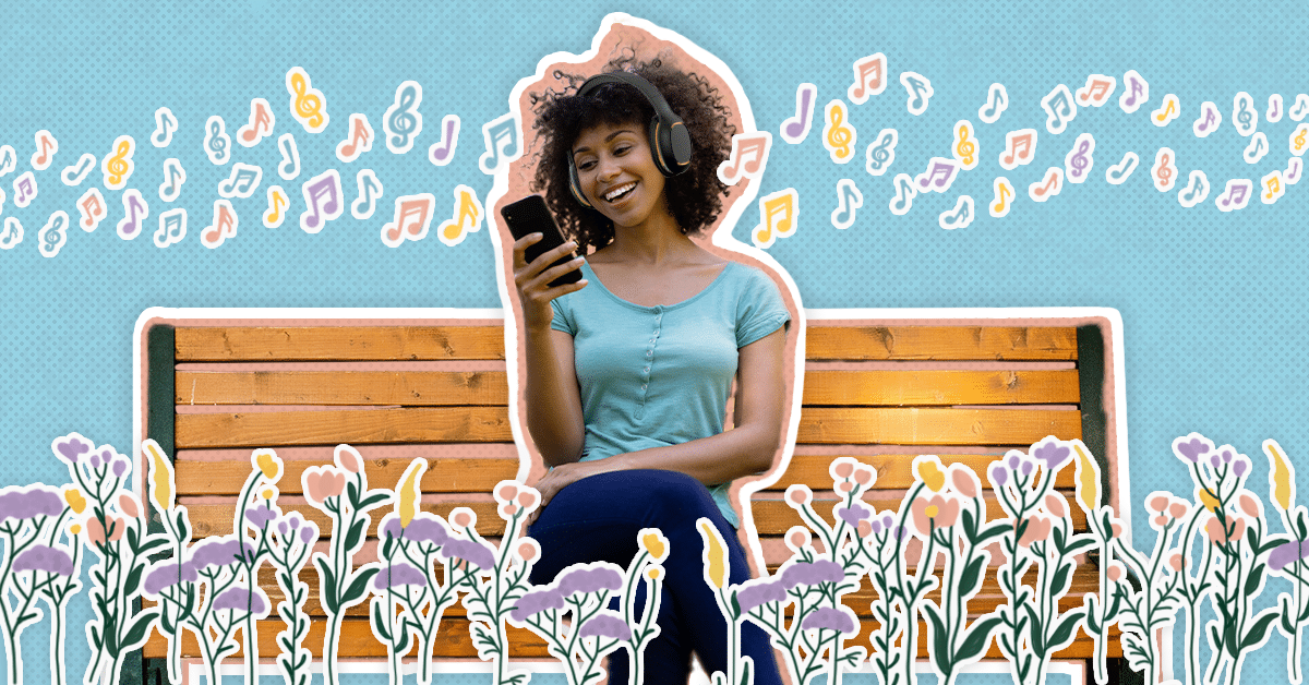 Collage of woman listening to music on a bench.