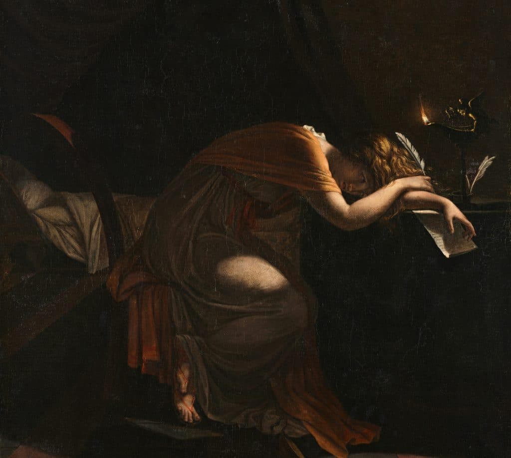 A dramatic oil painting of a girl collapsed in shadow, her body bent over in grief or exhaustion.