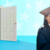 Graduating senior smiles nervously as she exits a door filled with graphs and grades.