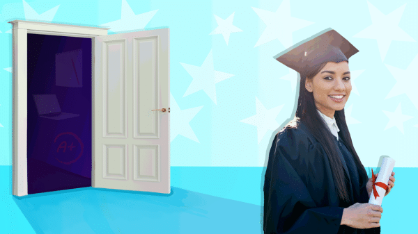 Graduating senior smiles nervously as she exits a door filled with graphs and grades.