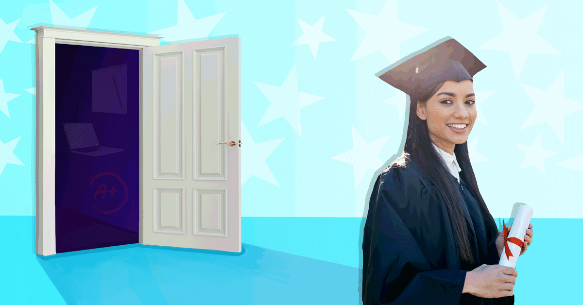 Graduating senior smiles nervously as she exits a door filled with graphs and grades.