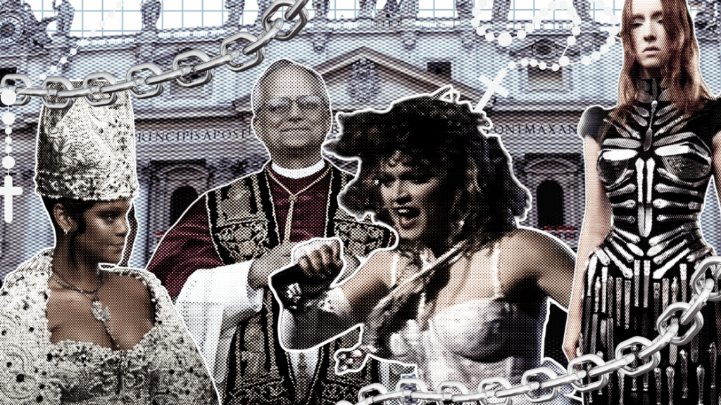 A collage featuring Rihanna in papal couture, Madonna, a model in skeletal design, and rosaries intertwined with chains.