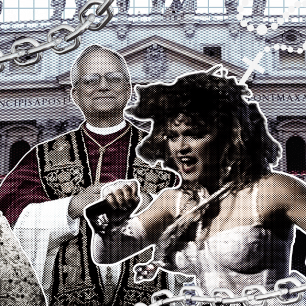A collage featuring Rihanna in papal couture, Madonna, a model in skeletal design, and rosaries intertwined with chains.