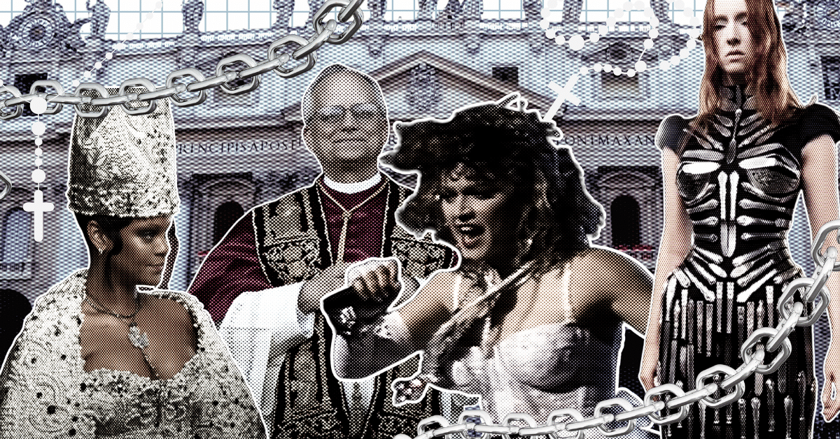 A collage featuring Rihanna in papal couture, Madonna, a model in skeletal design, and rosaries intertwined with chains.