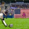 Image showing a footballer kicking a ball into a goal with an American flag in place of the goals.