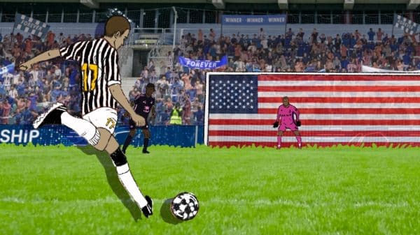 Image showing a footballer kicking a ball into a goal with an American flag in place of the goals.
