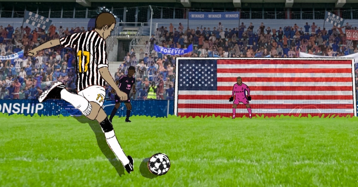 Image showing a footballer kicking a ball into a goal with an American flag in place of the goals.