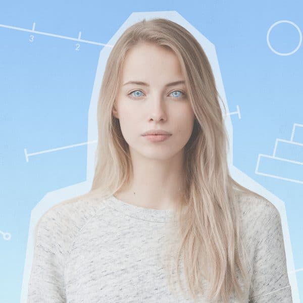 Woman standing in the centre of a blue background, with scales and graphs surrounding her