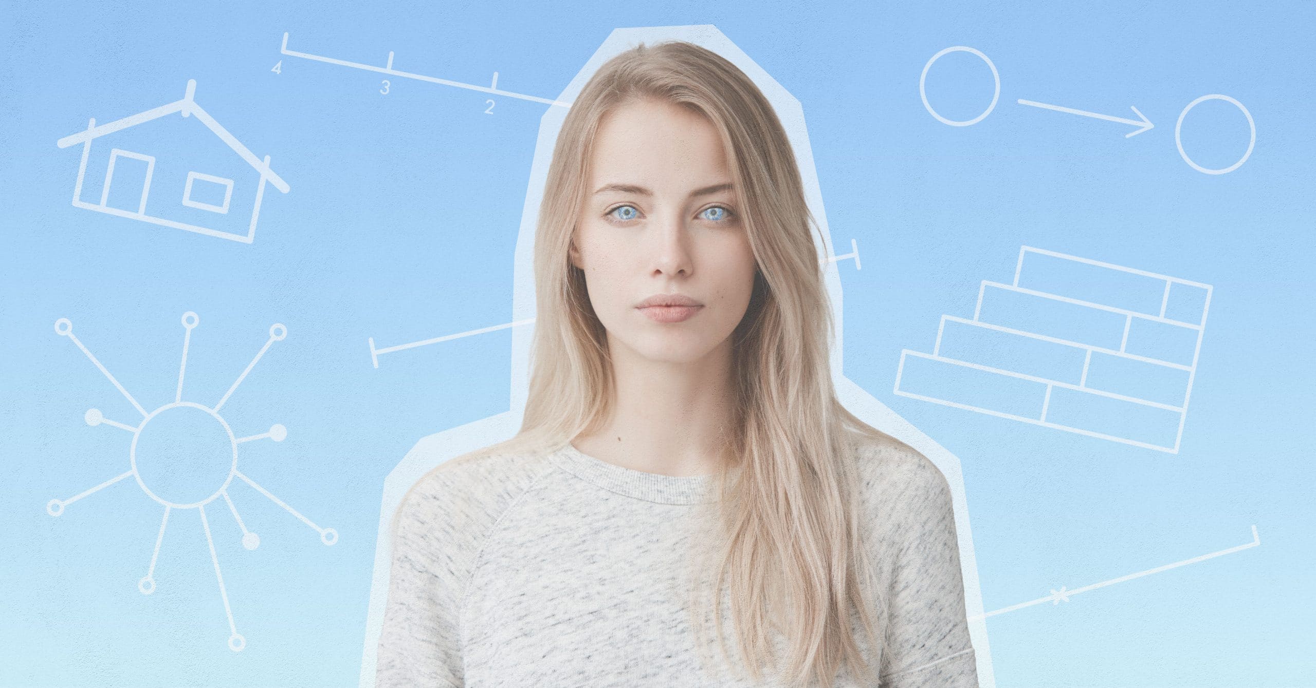 Woman standing in the centre of a blue background, with scales and graphs surrounding her