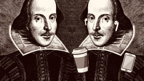 William Shakespeare mirrored with himself. On the left, Shakespeare is as he is historically depicted. On the right he is pictured with a coffee cup, cellphone, and earbuds.