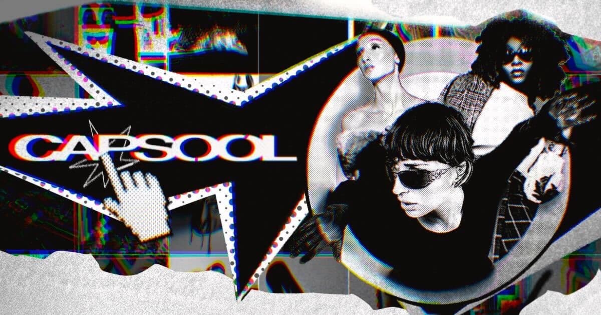 A black and white collage of fashion-forward individuals accompanied by the Capsool logo.