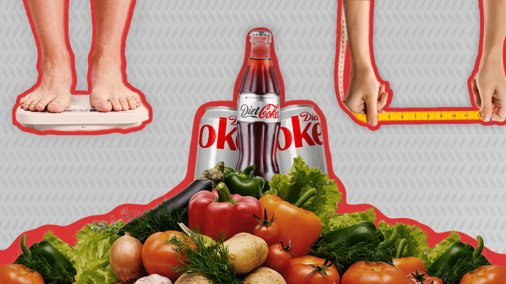 Image of diet coke cans on top of a mountain of vegetables with a scale and measuring tape around it.