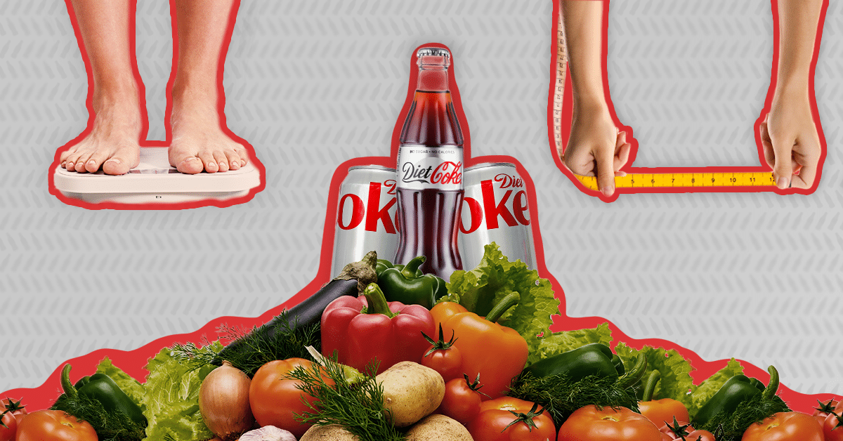 Image of diet coke cans on top of a mountain of vegetables with a scale and measuring tape around it.