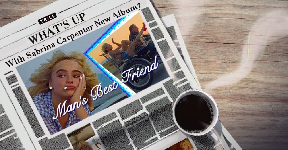 A newspaper with the headline "What's up with Sabrina Carpenter new album?" and a picture of Sabrina sits on a desk with a steaming coffee cup.