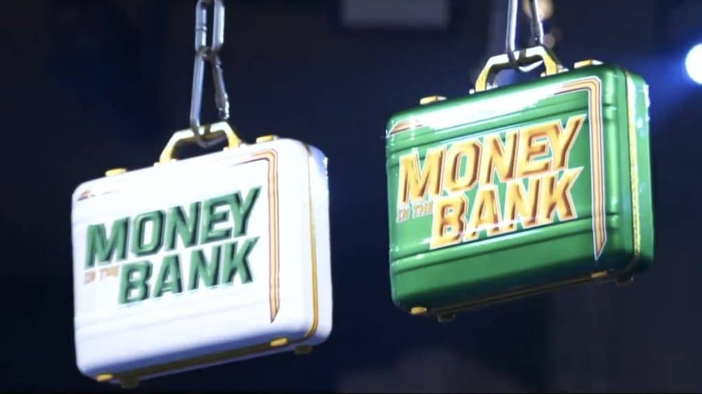 Both Money in the Bank briefcases hanging high above the ring